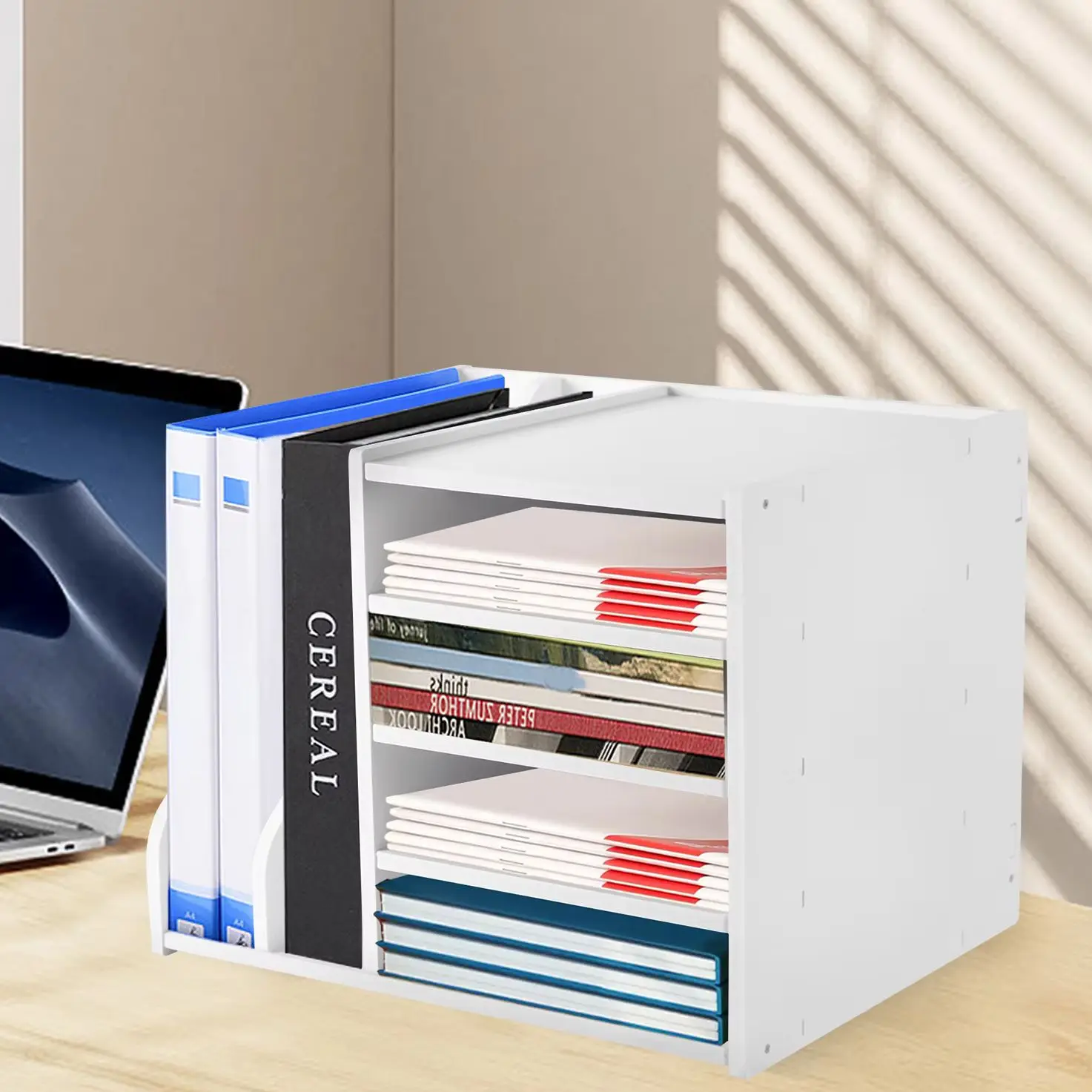 Organisateur de fichiers de bureau à 4 compartiments + 2 supports latéraux, support de rangement de documents anti-rayures, capacité de charge de 10 kg pour le bureau, la maison et l'école