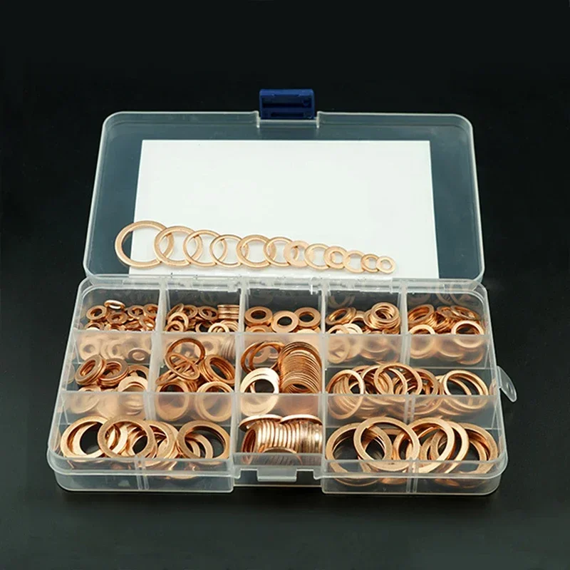 300PCS Copper washers Gasket Set M5 M6 M8 M10 M12 M14 M16 M20 Copper Washers for Oil Sump Plug Flat Ring Oil Seal Assortment Kit