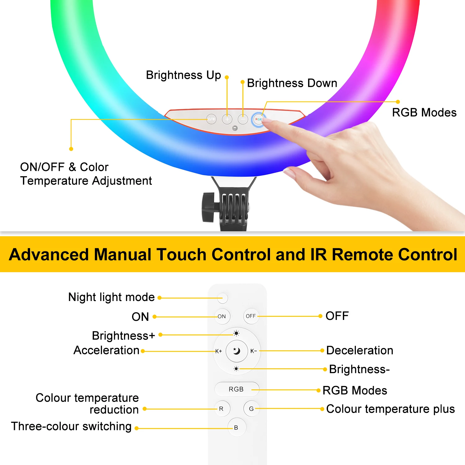 مصباح حلقي ثلاثي الألوان مقاس 18 بوصة مع حامل ثلاثي القوائم قابل للطي بطول 1.86 مترًا و3 حوامل للهاتف - أوضاع ألوان RGB قابلة للتعديل، وإضاءة احترافية
