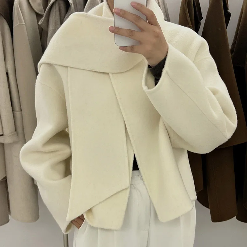 New Fashion New Scarf Collar Short Cashmere Coat Women\'s Casual Loose Wool Jacket