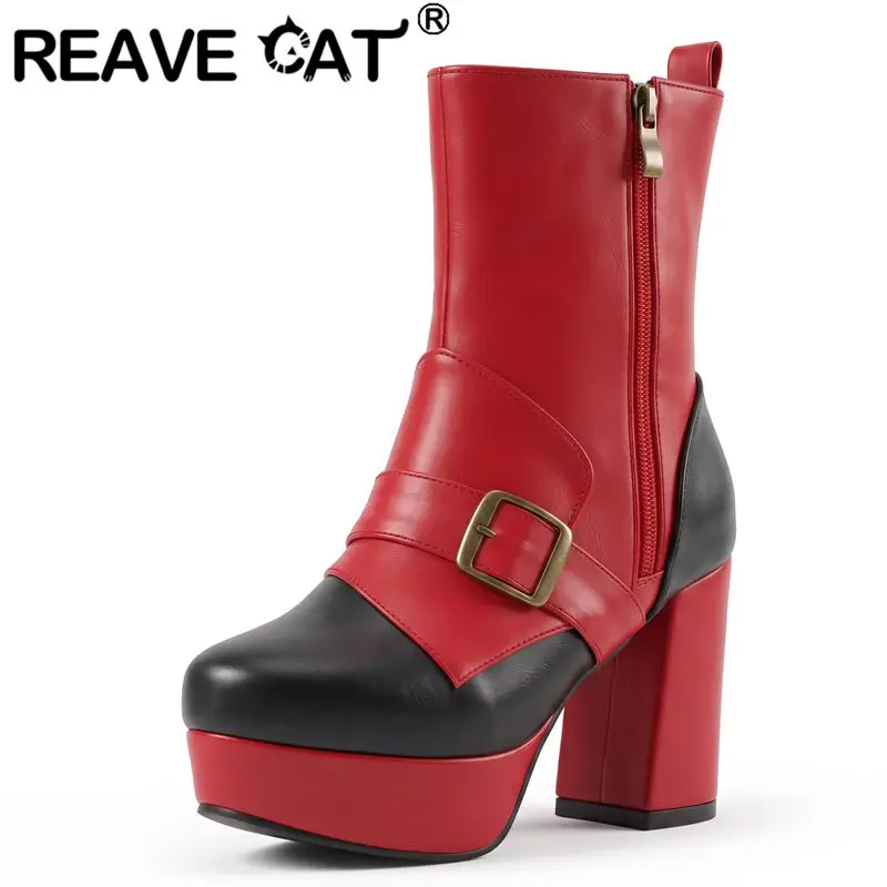 REAVE CAT Red Women Ankle Boots Round Toe 9cm Block Heel 3.5cm Platform Zipper Mixed Color Plus Size 43 44 45 Dating Short Botas