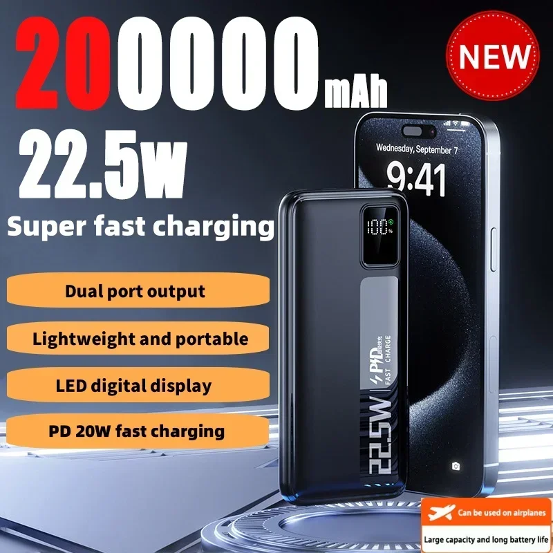 2025 NEW 200000mAh High Capacity Power Bank 22.5W Fast Charging Powerbank Portable Battery Charger for IPhone Samsung Huawei