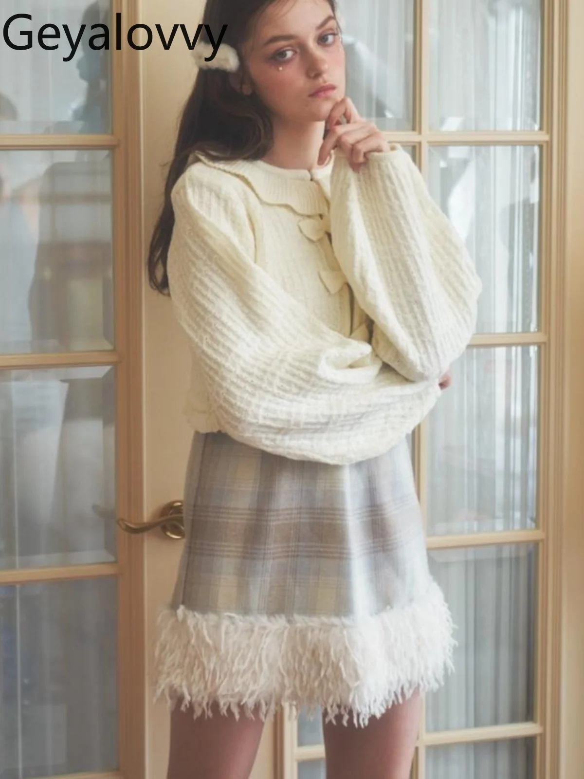 

Japanese Sweet Girl Cute Butterfly Button Short Sweater Autumn Ruffled Solid Color Long Sleeve Knitted Cardigan Jacket