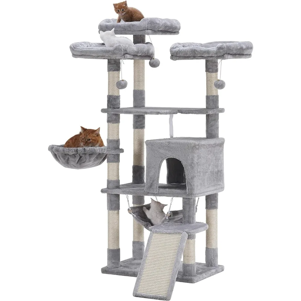 Multi-Level Cat Tree, Large Cat Tower with Bigger Hammock, 3 Cozy Perches, Scratching Posts, Stable for Kitten/Gig Cat Light