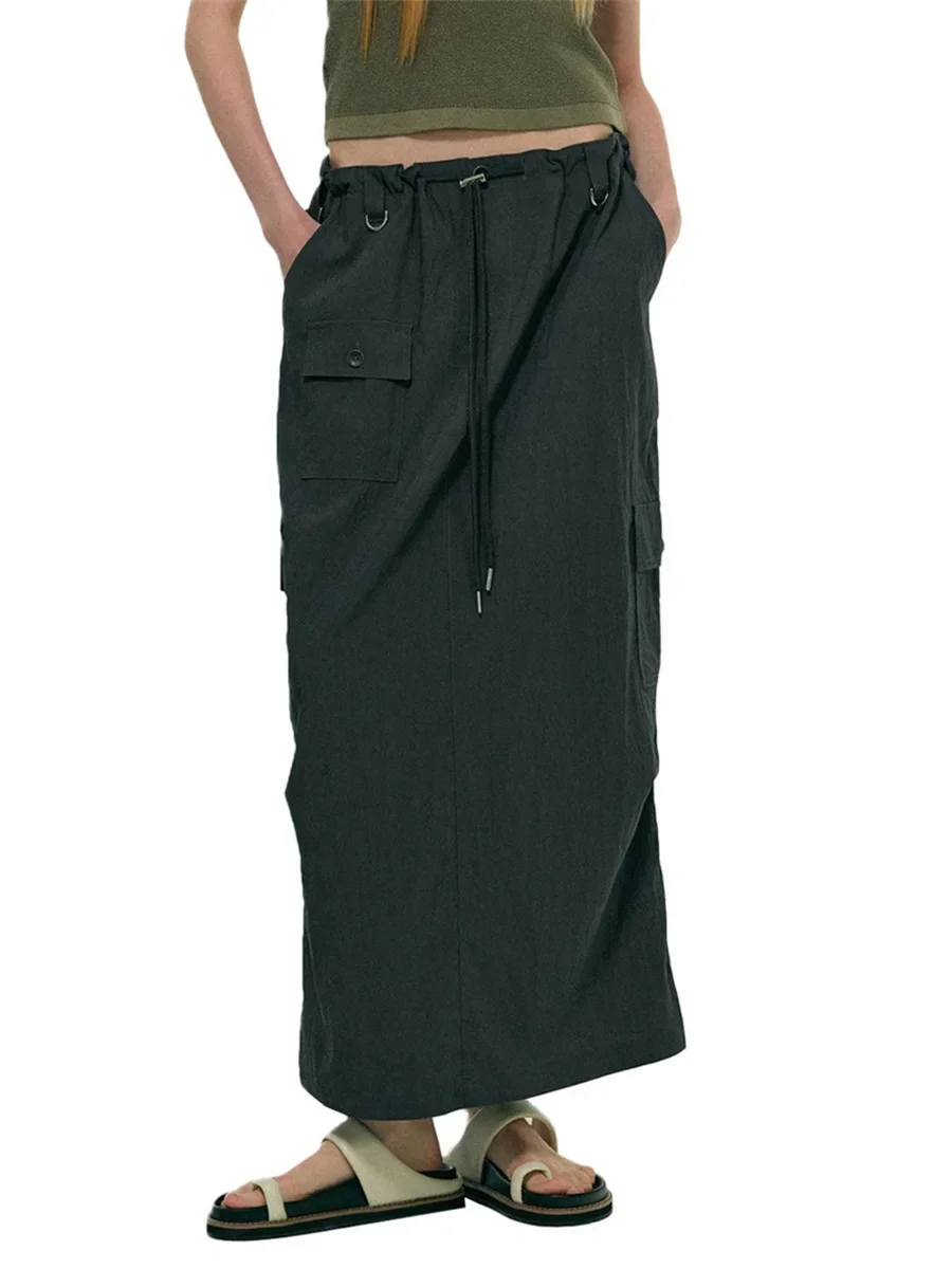 Womens Baggy Loose Size Cargo Skirts Fashion High Waist Pockets Drawstring Vintage Long Skirt Y2K Retro Casual Cool Streetwear