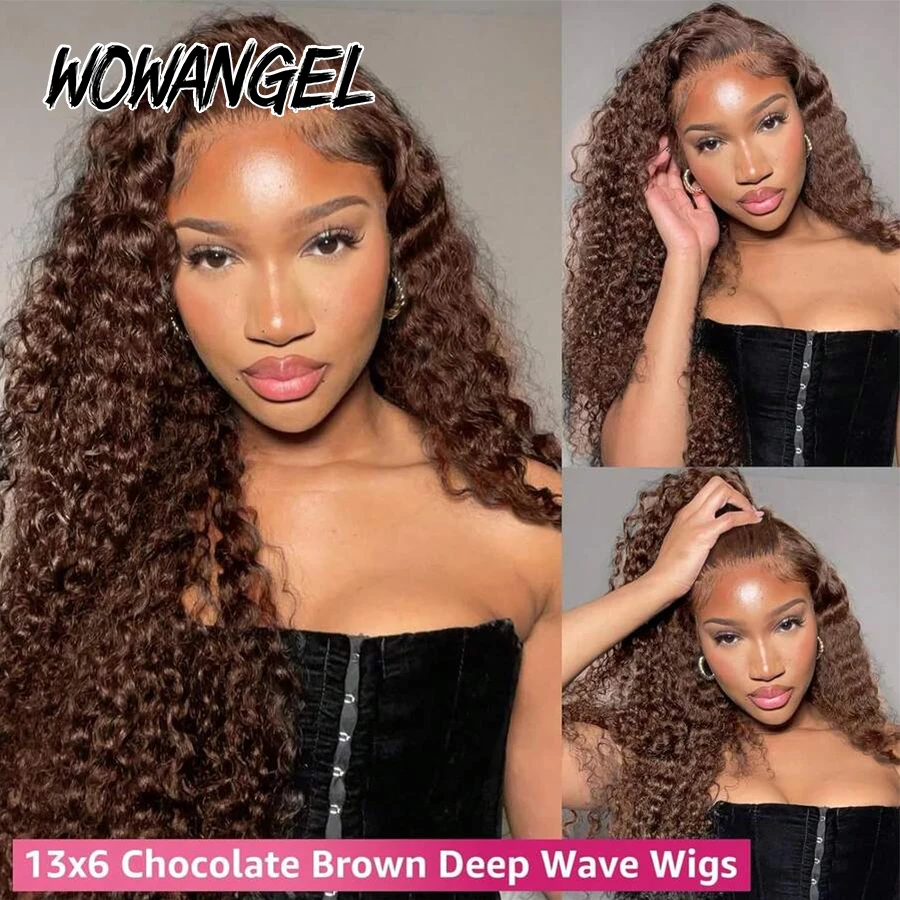 Schokoladenbraune Wasserwellen-Echthaarperücke 13x6 HD Lace Front Perücken Vorgezupfte Kleberlose Perücke Unsichtbare HD Lace Full Frontal Perücken – Detail 3