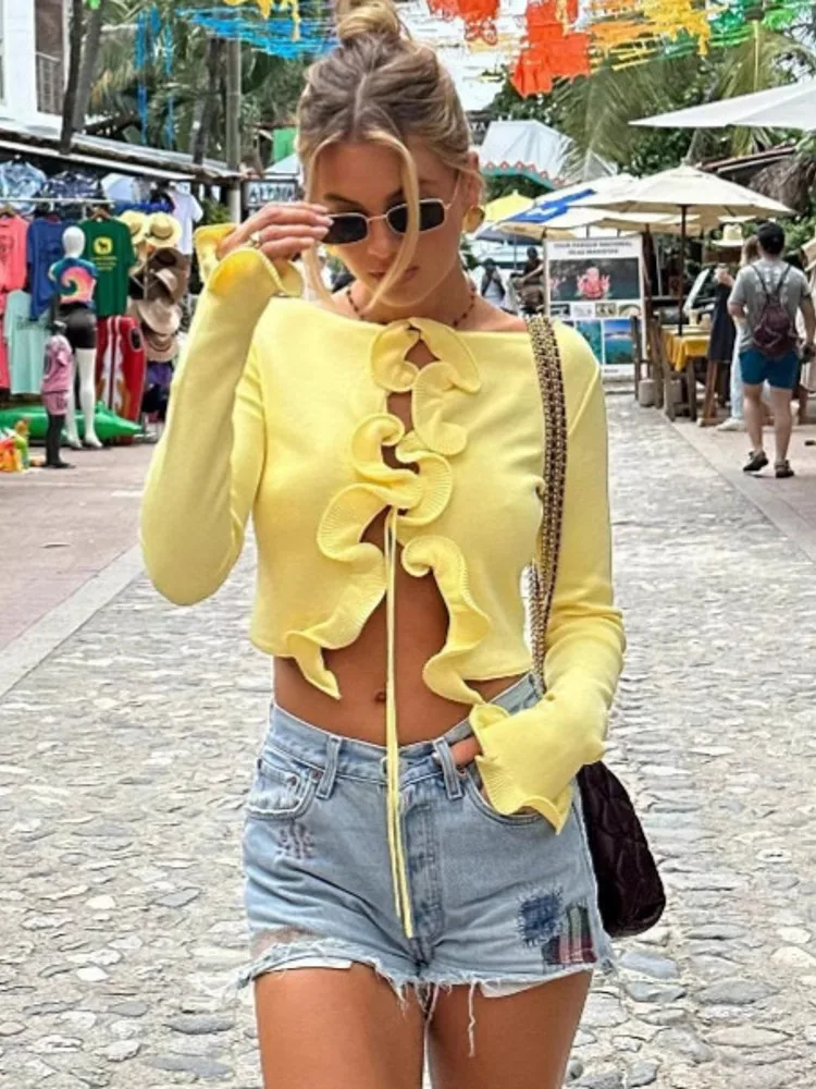 2025 New Fungus Long Sleeve Knitted Cardigan Female Contrast Color Splice Short Top Lace Up Bodycon Sweater Cardigan Lady