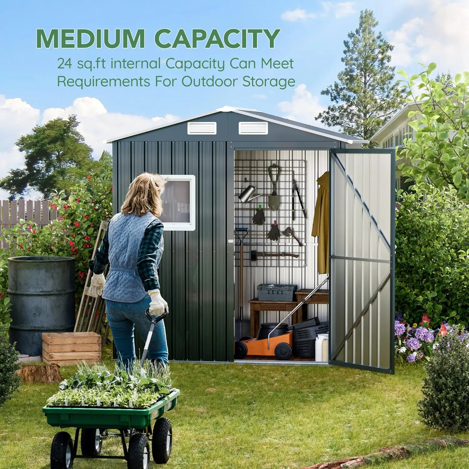 Compact Vertical Outdoor Steel Storage Shed with Lockable Doors, Ideal for Garden, Backyard, and Patio Utility and Sm