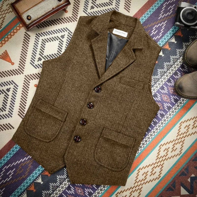 ผู้ชายเสื้อกั๊ก ROYAL BLUE Steampunk อย่างเป็นทางการชายชาติพันธุ์ Herringbone ขนสัตว์ Tweed VINTAGE สําหรับงานแต่งงานธุรกิจเสื้อกั๊ก