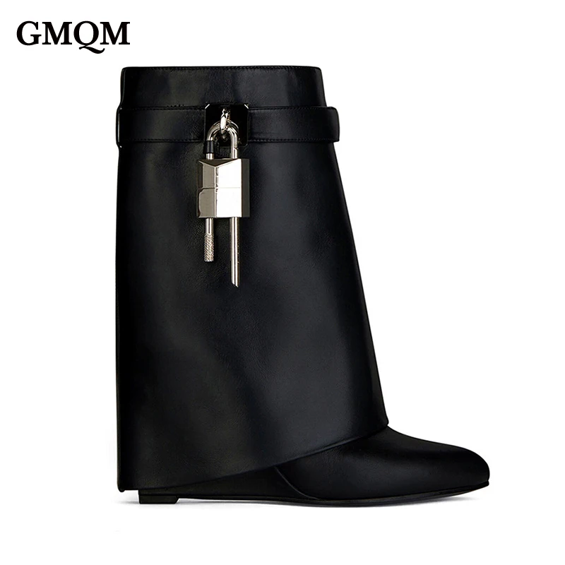 GMQM Genuine Leather Fashion Women\'s Mid-Calf Boots Platform Wedges Shark Lock Luxury Shoes Short Boots High Heels Pointed Toe