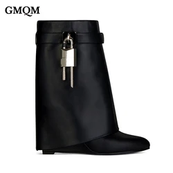 GMQM Genuine Leather Fashion Women's Mid-Calf Boots Platform Wedges Shark Lock Luxury Shoes Short Boots High Heels  Pointed Toe