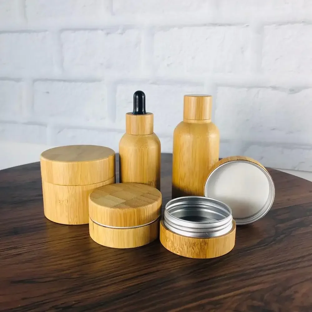 

high quality eco bamboo Aluminum container refillable bottle Natural Bamboo Cosmetic Packaging CBD Hemp Cream wood containers