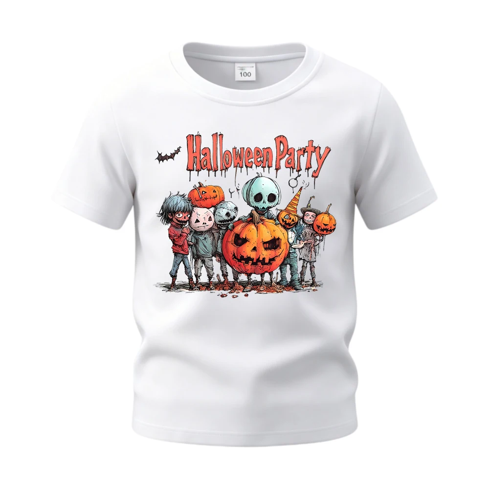 Group with Pumpkin Heads Halloween Party Boys Girls Kids Daily Tops Tees Cotton Short Sleeve Casual T‑Shirt Shirts Children