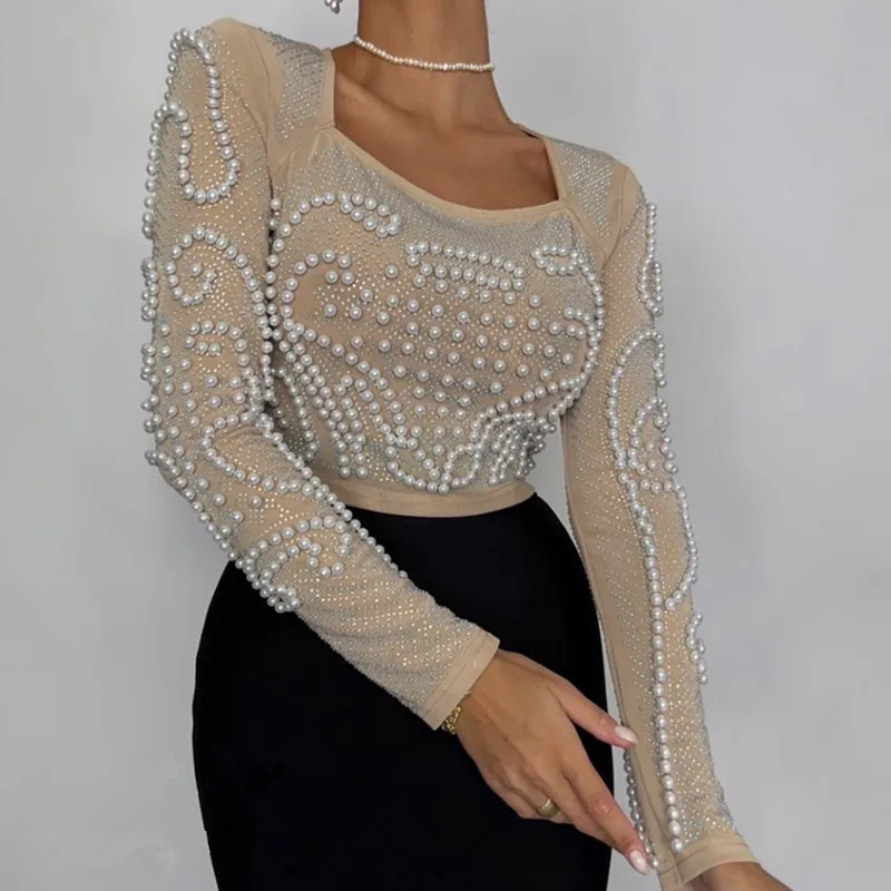 Trendyol Women Long Sleeve Sqare Collar Mesh Pearl Beading Crop Tops High Street Evening Club Party Celebrity Sparky Tops