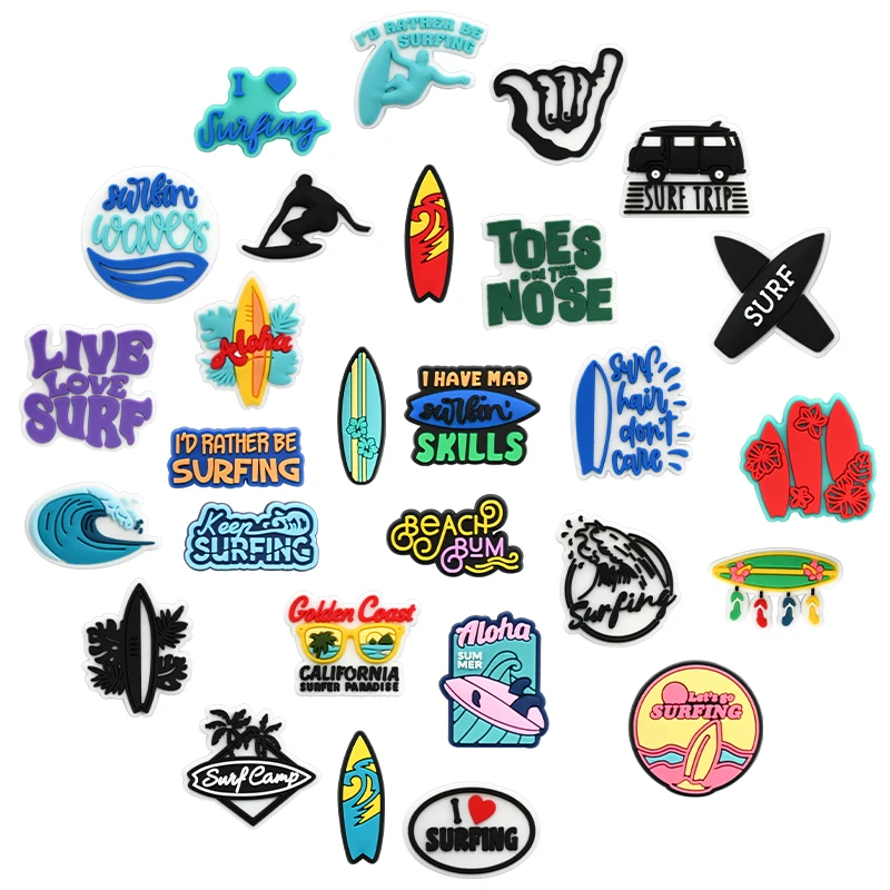 1PC Surfing Theme Shoe Charms I Love Surf Board Sea Wave PVC Shoe Buckle Accessory Personality Sport Athlete Funny Party Present