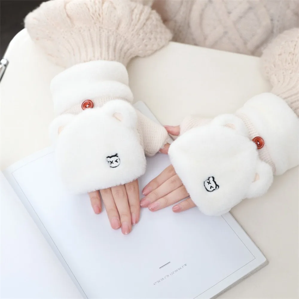 

Cute Thickened Half Finger Gloves Warm Plush Winter Mittens Flip Soft Fingerless Gloves Student