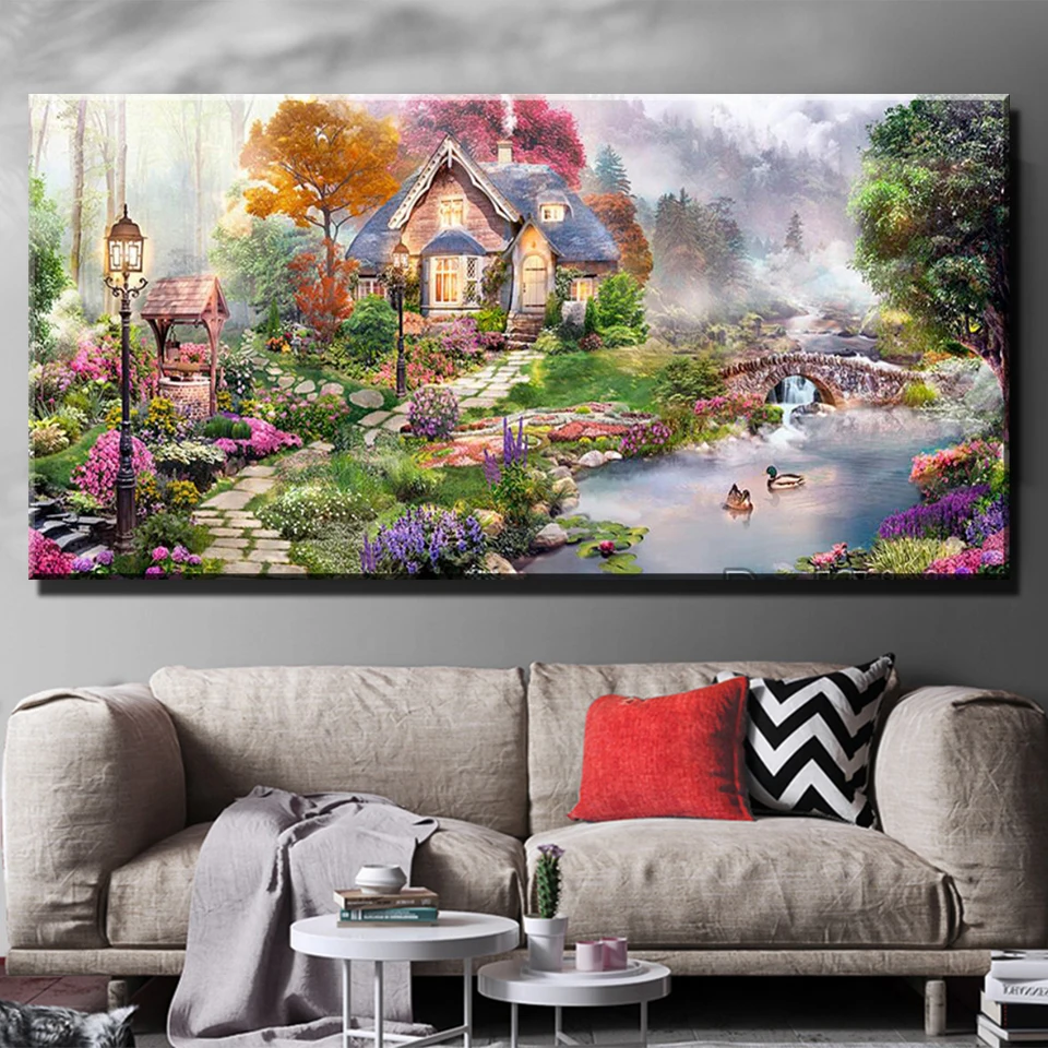 Large Full Square Round Rural House Spring Landscape DIY Diamond Painting Embroidery Cross Stitch Rhinestone Mosaic Art T773