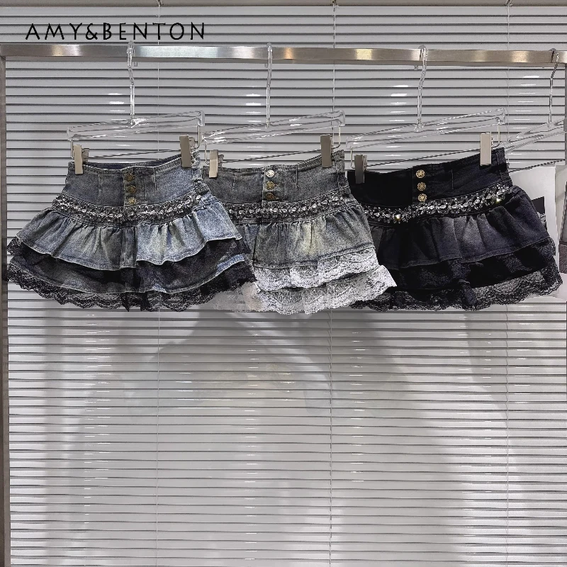 

Original Design Women's Denim Mini Skirt 2026 Summer New Sweet Cool Rhinestone Nail Bead Lace Edge Splicing Puffy Skirts Ladies