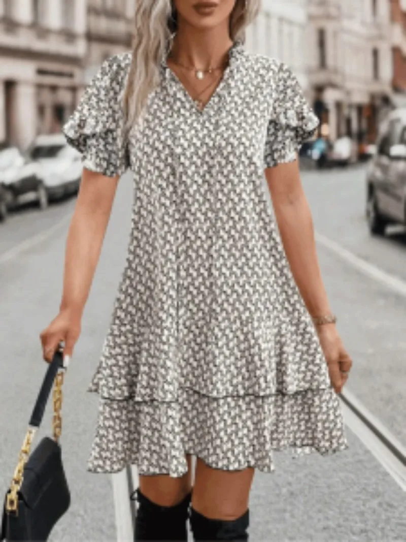 

Плюс размер 1XL-5XL женское модное платье с цветочным принтом и рюшами по подолу женское повседневное платье с коротким рукавом женское повседневное платье