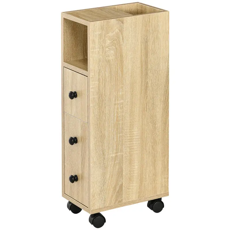 

kleankin Freestanding Compact Design Bathroom Cabinet with 2 Open Cabinets, 1 Door Cabinet, 1 Drawer and 4 Rolling Wheels, Oak Grain Color
