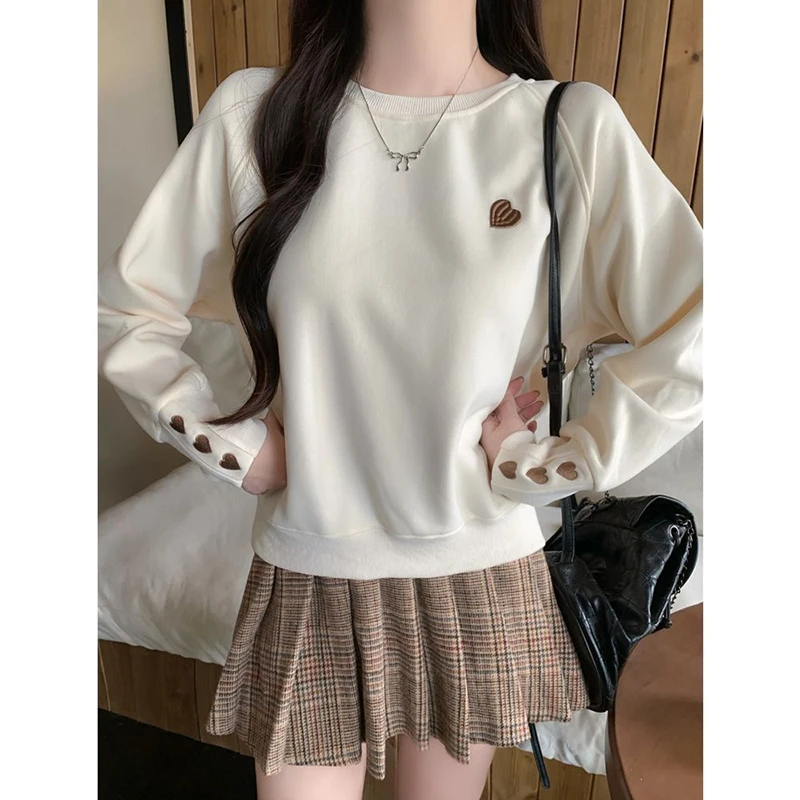 Cute Love Embroidery Pullover Korean Simple Long Sleeve O Neck Women Female Hoodless Sweatshirt Autumn Winter Loose Casual Tops