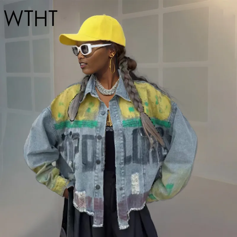 

WTHT модная женская джинсовая куртка контрастного цвета с дырками и буквенным принтом, женское пальто с отложным воротником и длинными рукавами, лето 2021, 1LS1561