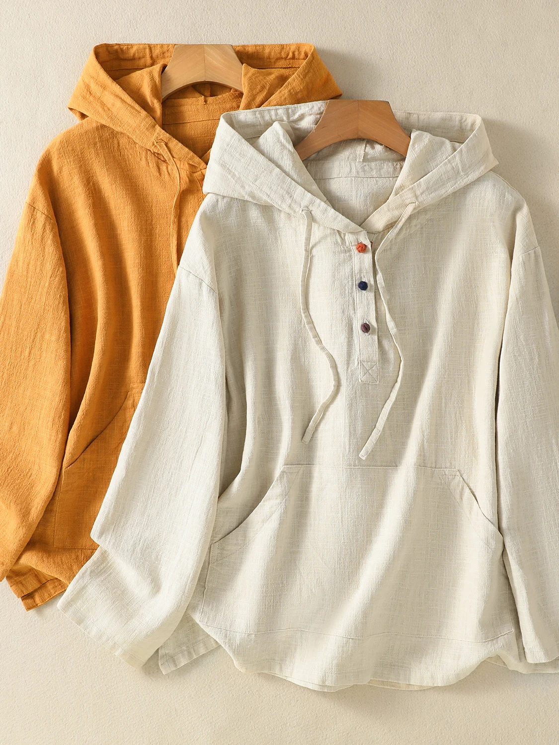 Sudadera con capucha de lino para mujer, Top Retro Zen de lino y algodón con Base holgada para primavera y otoño, Color puro para ir al trabajo