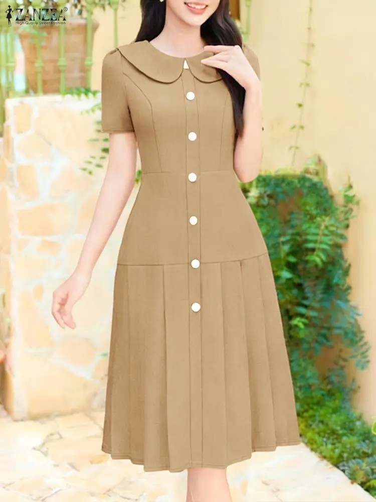 Frauen 2025, Sommerkleid ZANZEA, elegant, solide OL-Arbeitskleider, plissiert, Midi-Robe, stilvoll, Reverskragen, kurze Ärmel, Büro-Sommerkleid