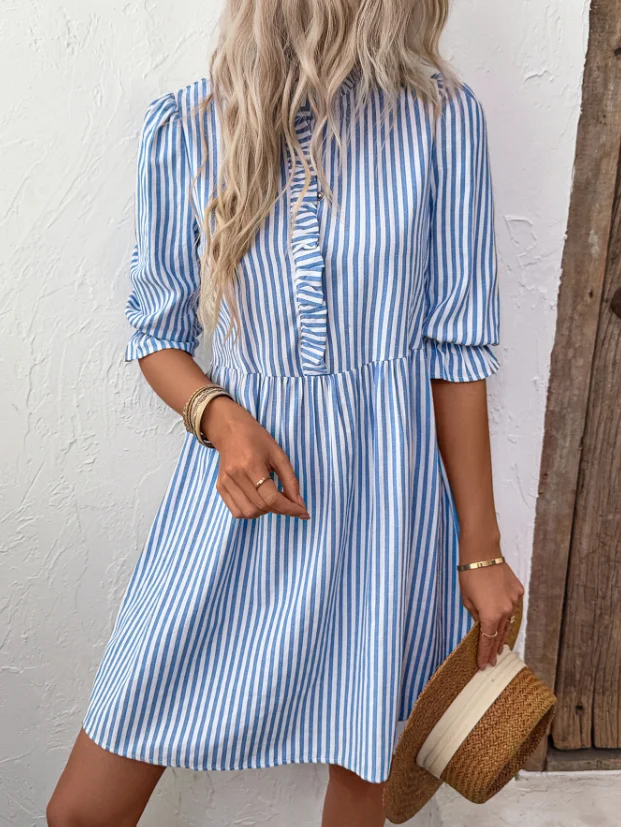 

Casual Women's Dresses Summer Vertical Striped Printed Shirt Dress Slim Fit Women's A-Line Dress High Waisted Dress for Women