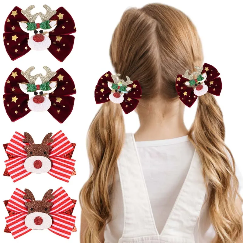 ncmama 2PCS Glitter Christmas Elk Hair Bow Clip Cute Star Print Velvet Bowknote Hairpin for Kids Girls Headwear Hair Accessories