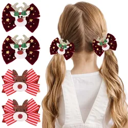 ncmama 2PCS Glitter Christmas Elk Hair Bow Clip Cute Star Print Velvet Bowknote Hairpin for Kids Girls Headwear Hair Accessories