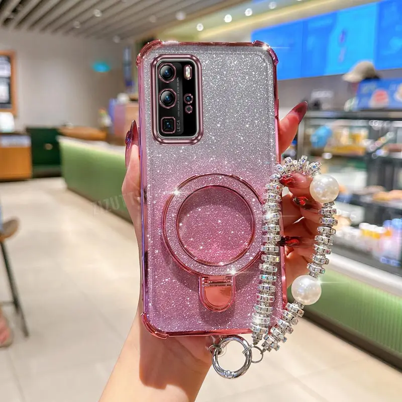 High Jewelry Strap Glitter Bracket Ring Phone Holder Case On For Huawei P40 P50 P60 P30 Lite Pro Anti-knock Stand Back Cover