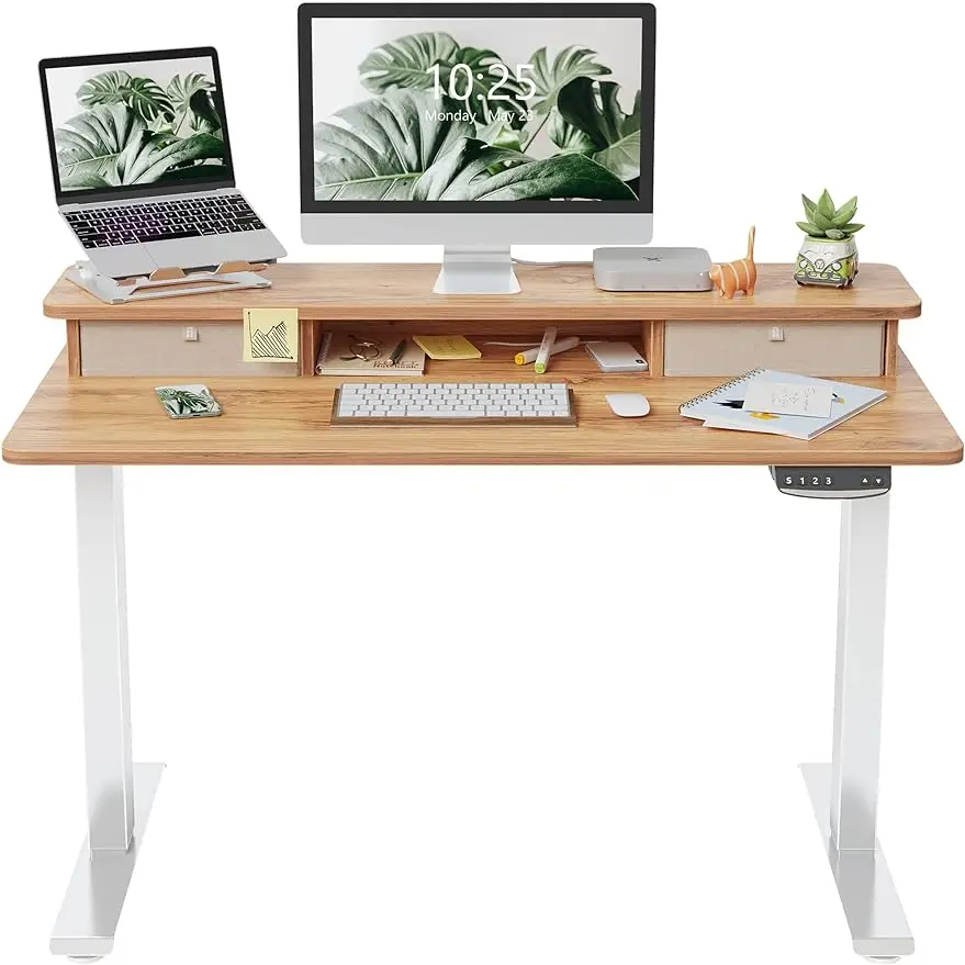 

Height Adjustable Electric Standing Desk with Double Drawer, 40 x 24 Inch Stand Up Table with Storage Shelf, Sit Stand De