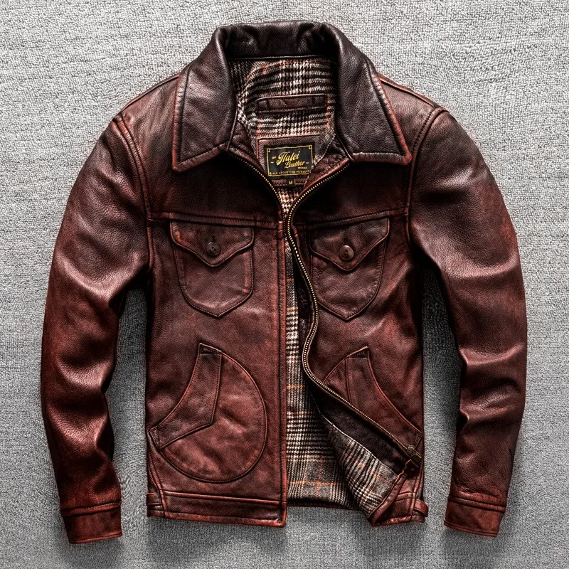 

Top-grain cowhide men's lapel motorcycle suit leather coat