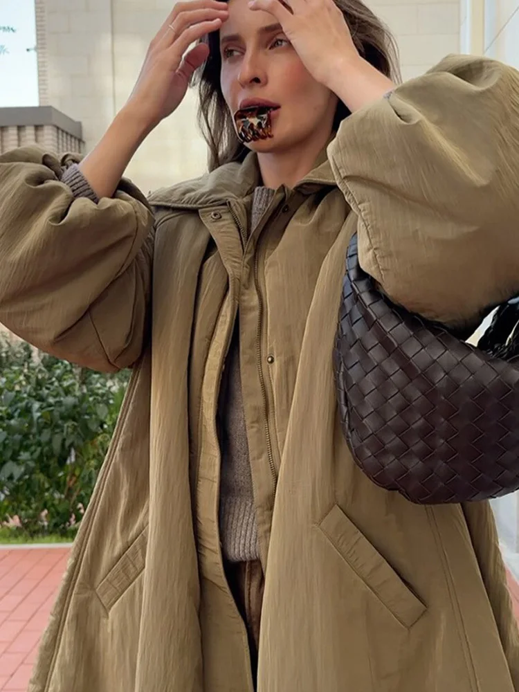 Hh feminino inverno solto turn-down colarinho casacos bolsos sólidos mulher moda botão zíper mangas compridas longo algodão-acolchoado jaqueta