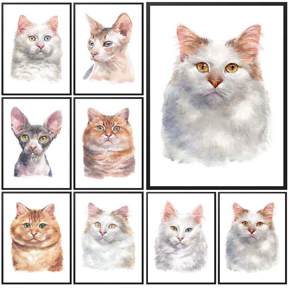 Watercolour Cat Animal Cartoon Poster Wall Pictures For Living Room Nordic Poster Wall Art Canvas Painting Home Decor Unframed