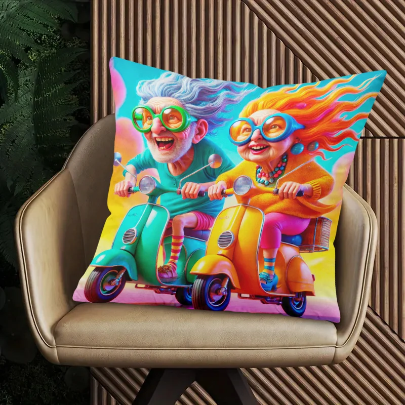 Funny Retro Scooter Pillow Case, Cool Elderly Couple Cushion Cover, Vibrant Pop Art Home Decor for Sofa Living Room Car Gift
