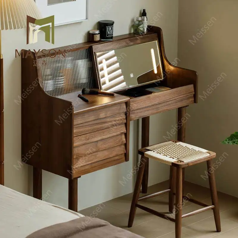 Nordic retro black walnut dresser small apartment with high-end feeling clamshell solid wood makeup table and chest integrated
