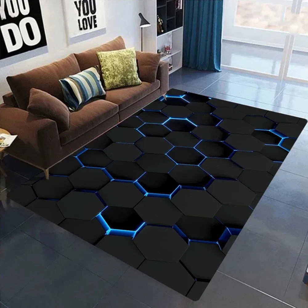 Black Base Blue Neon Hexagon Area Rug, Cool Futuristic Honeycomb Grid Pattern Carpet for Living Room Bedroom Game Room Decor