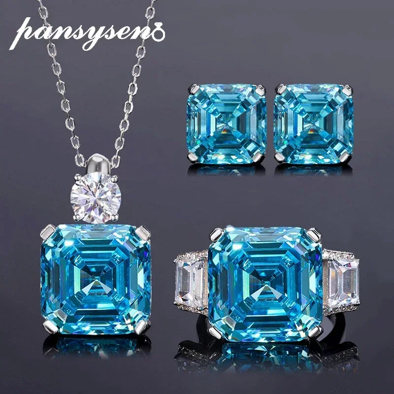 

Luxury 925 Sterling Silver 10MM 15MM Asscher Cut Aquamarine High Carbon Diamond Earrings Ring Necklace Jewelry Set Party Gift