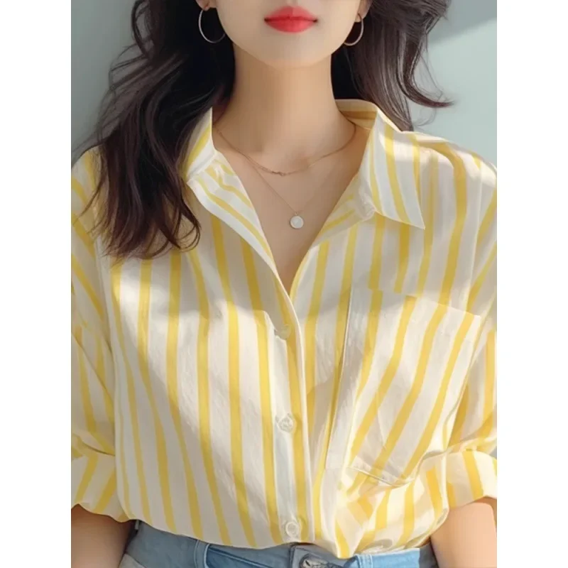 Yellow White Striped Shirt Women's New Spring 2024 Fashionable Euro Style Casual Top Sun Protection Shirt For Seaside