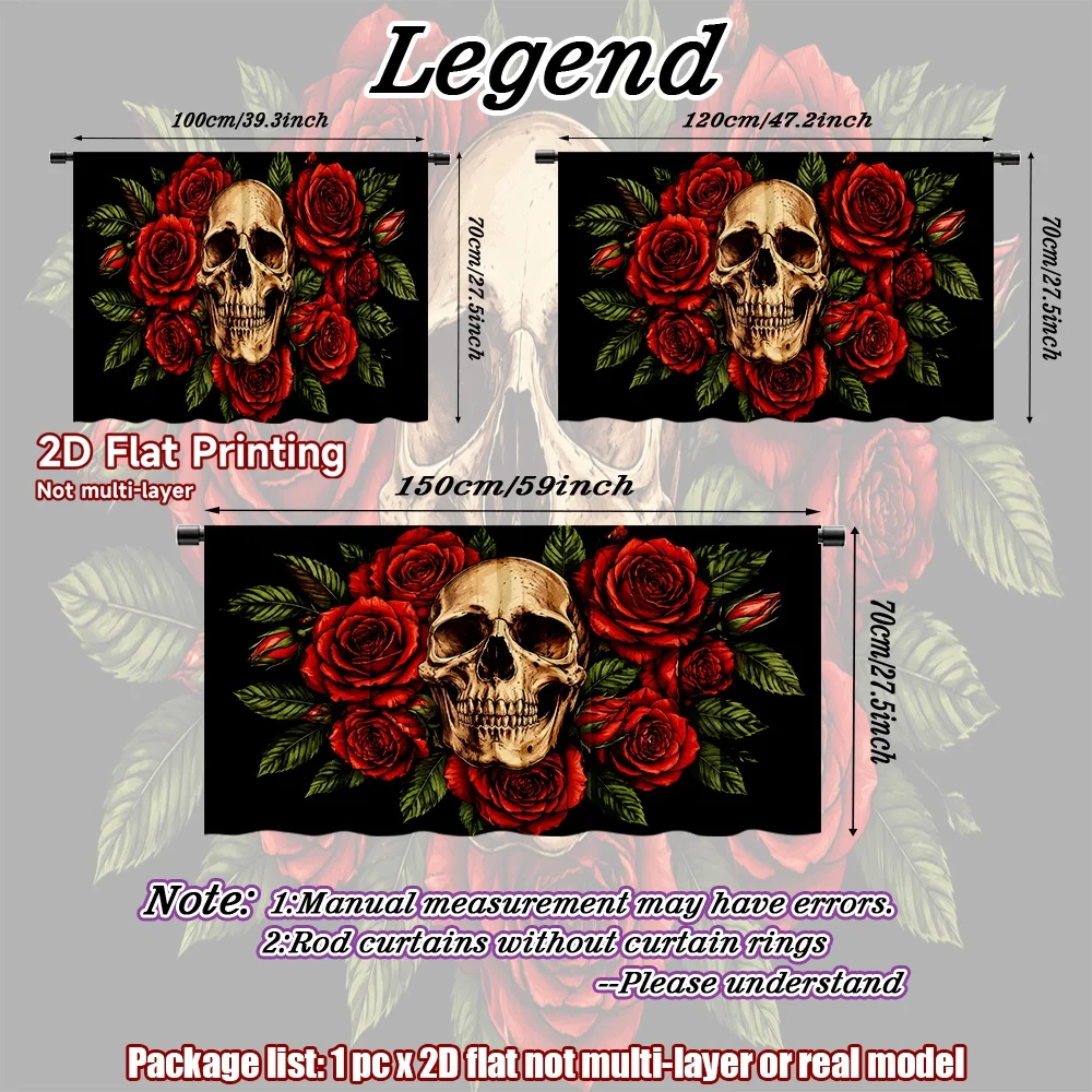 2D flat 1pc Modern minimalist shelf curtains Skull Surrounded by Roses Digital printing Short rod drapes are suitable for