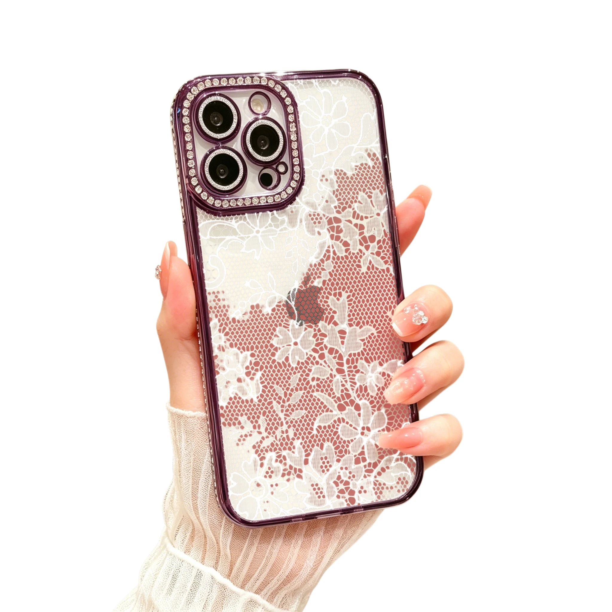 Diamond Electroplated TPU Phone Case for iPhone,  Elegant Lace Phone Case, Purple Rhinestone Camera Frame With Floral Pattern Design  , Luxury Glitter Rhinestone Frame, Built-in Lens Protector, Anti-Slip Shockproof Clear Cover - view 5