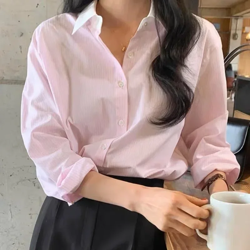 2024 New Blue Striped Blouses Women Korean Style Chic Elegant Office Look Casual Long Sleeve Shirts Pink Top Female Wear To Work