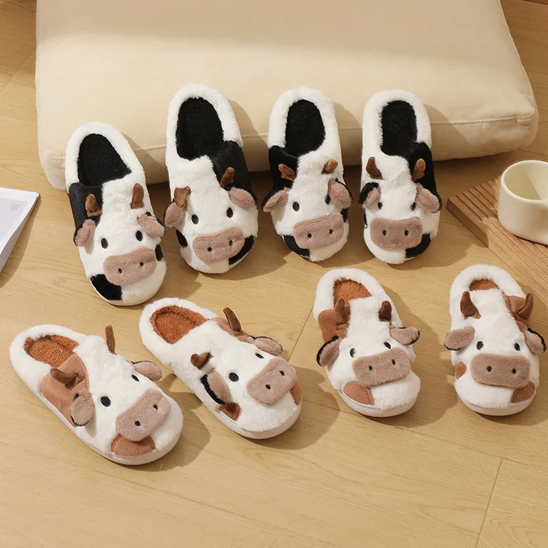 Winter Cute Dairy Cattle Slippers Cartoon Korean style Couple Slippers Women Mens  Kawaii Fluffy Soft Warm Slippers Indoor