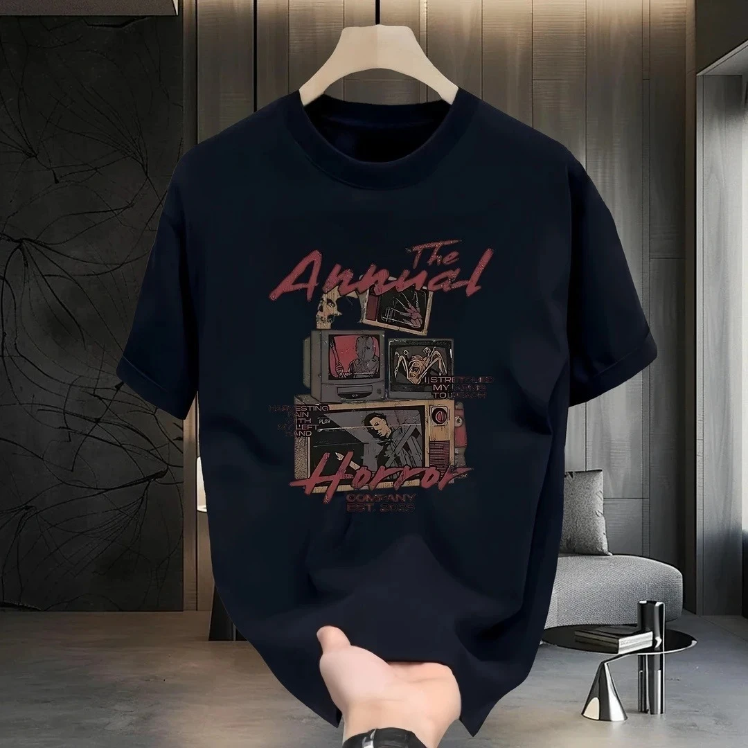 

2025 Cotton Summer Vintage Loose Half Sleeve High Street Hip Hop Trend Black Breathable Men's and Women's Computer TV Printing