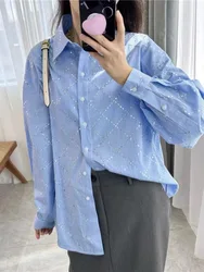 Women's Blue Shirt Plaid Diamond Turn-down Collar Long Sleeve Single Breasted Casual Summer 2024 Blouse