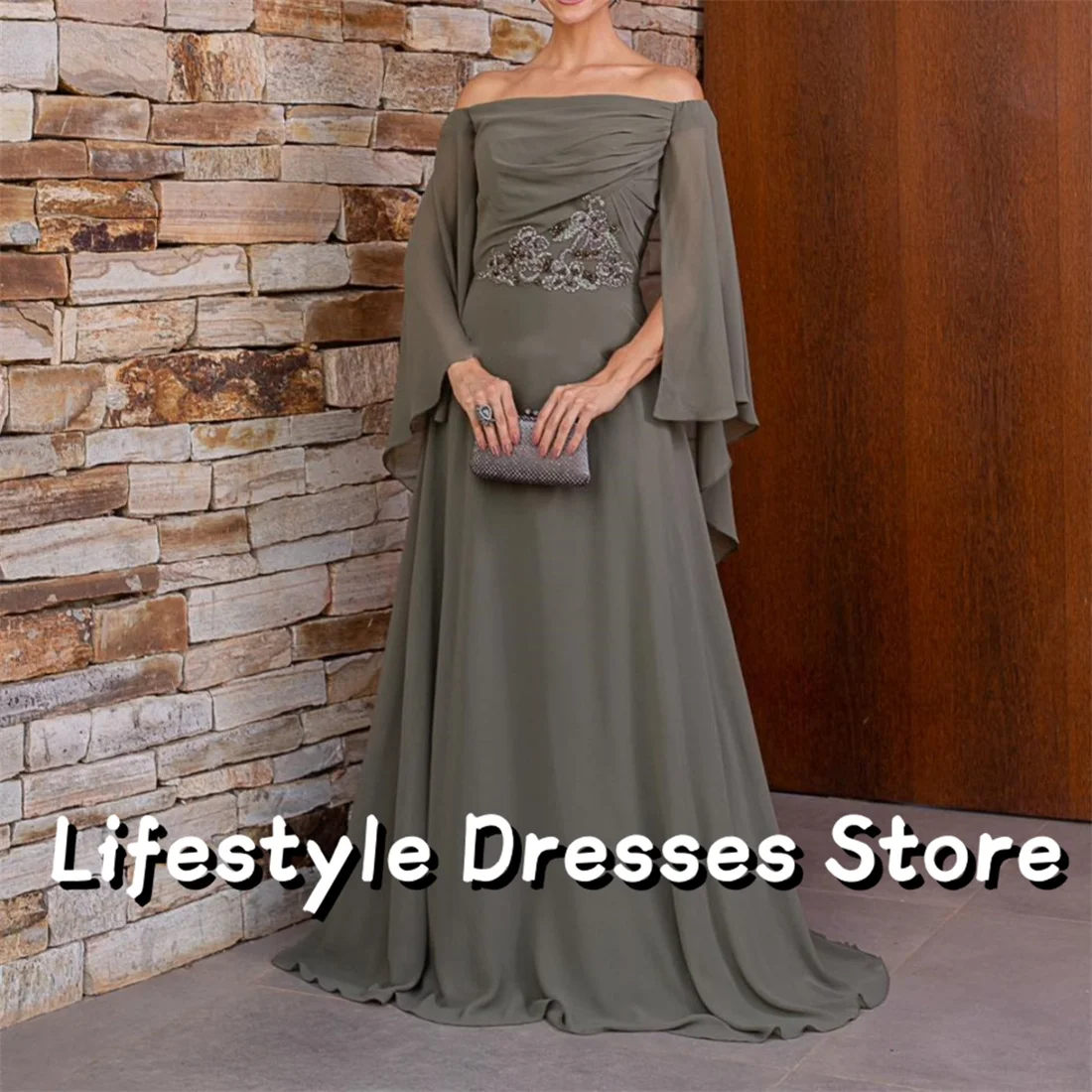 

Off shoulder Chiffon Prom Dresses A-Line Cape Beaded Appliques Evening Dresses Party Gown vestidos para eventos especiales