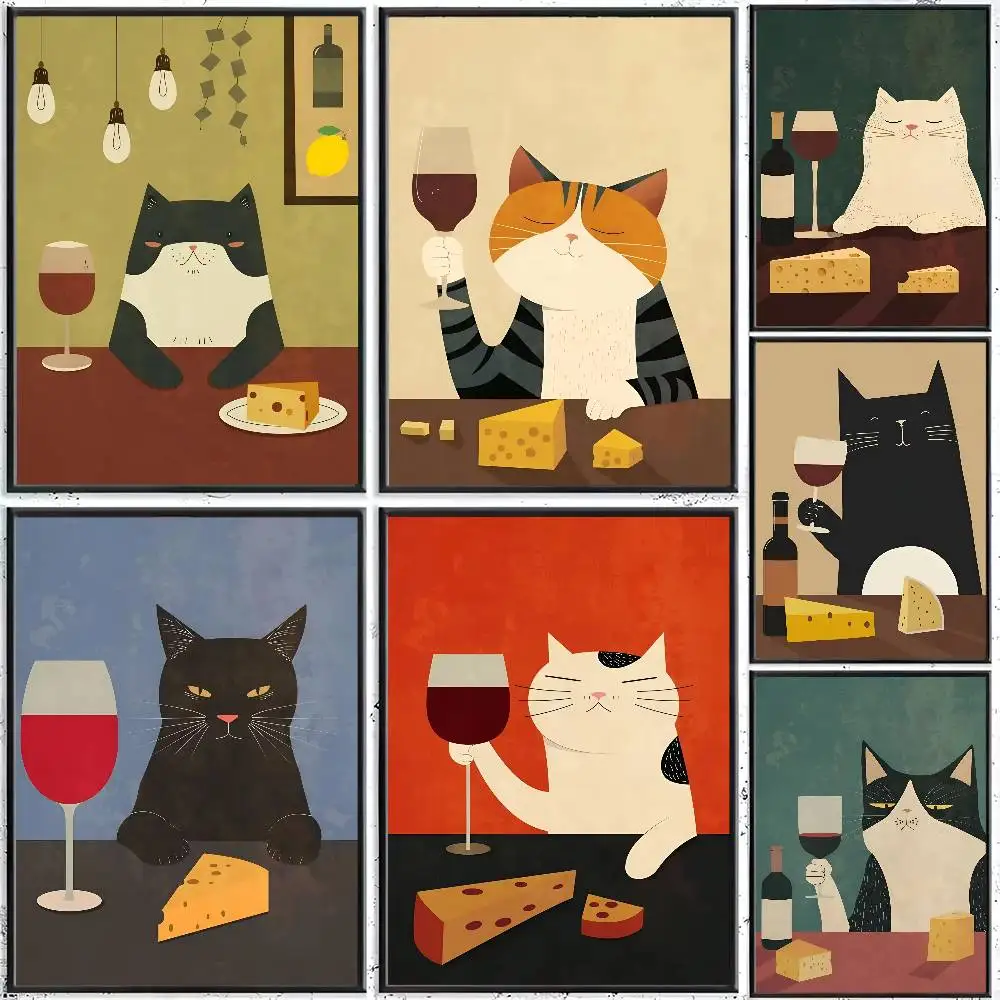 1pc Funny Cats Taste Red Wine Poster Sticker Print Waterproof Wall Art For Living Room Bedroom Home Decor