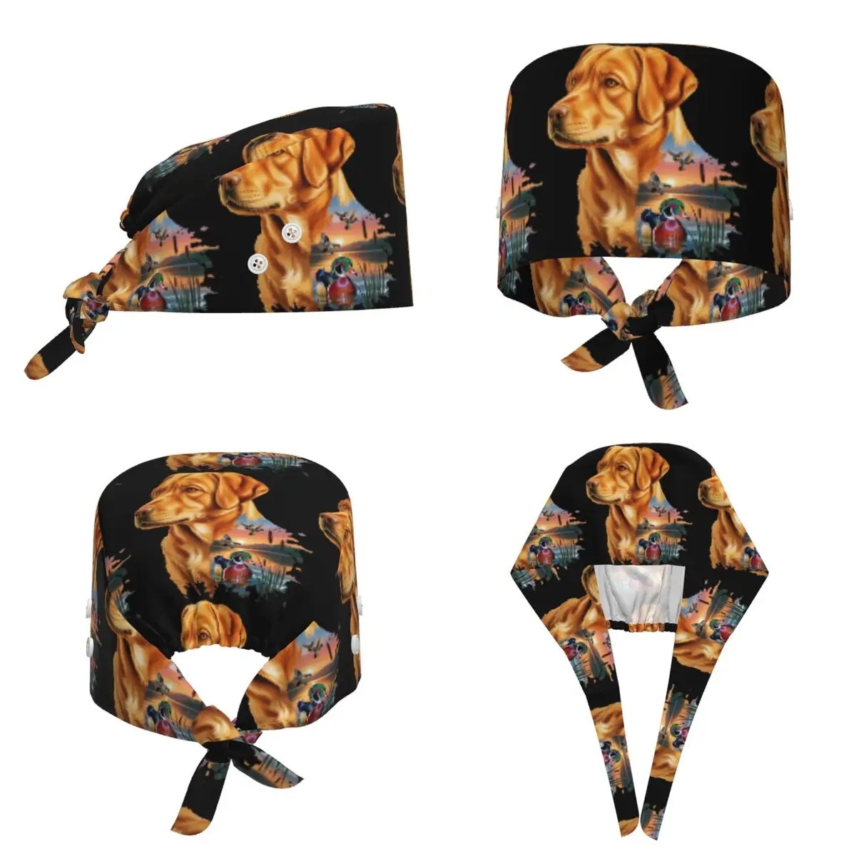 Fox Red Labrador And Wood Duck Sunrise Scrub Hat Doctor Working Surgical Cap Unisex Adjustable Nursing Caps for Dentist